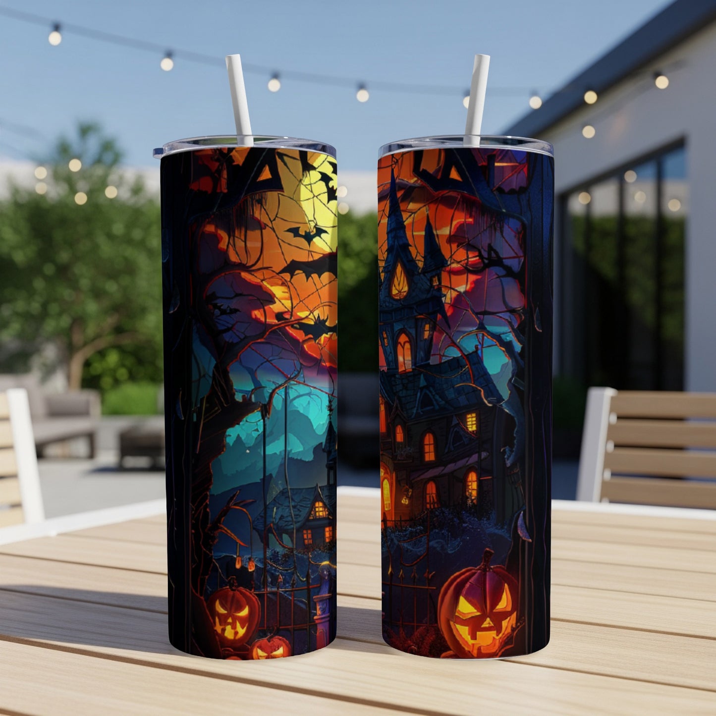 Two Halloween tumblers with spooky haunted house and pumpkin designs.