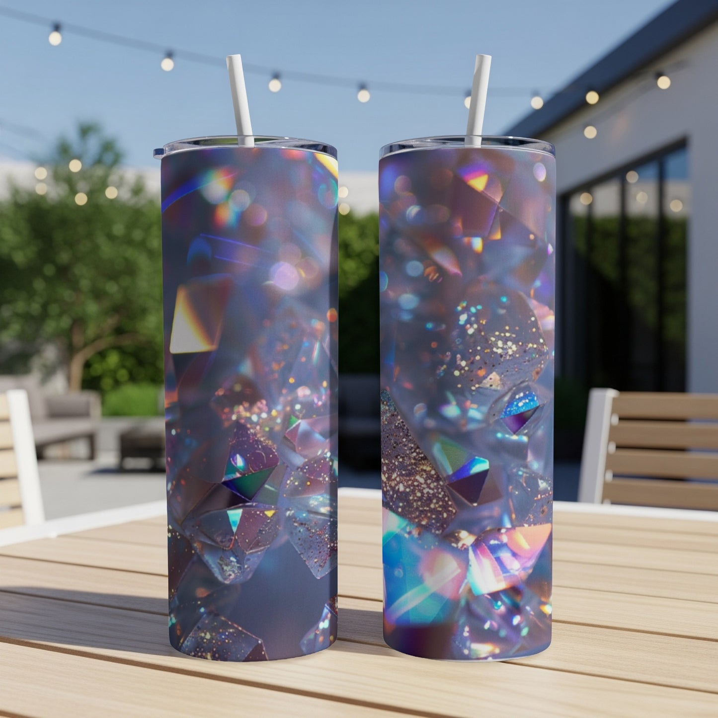 Two tumblers with abstract prismatic gemstone patterns on a wooden table.