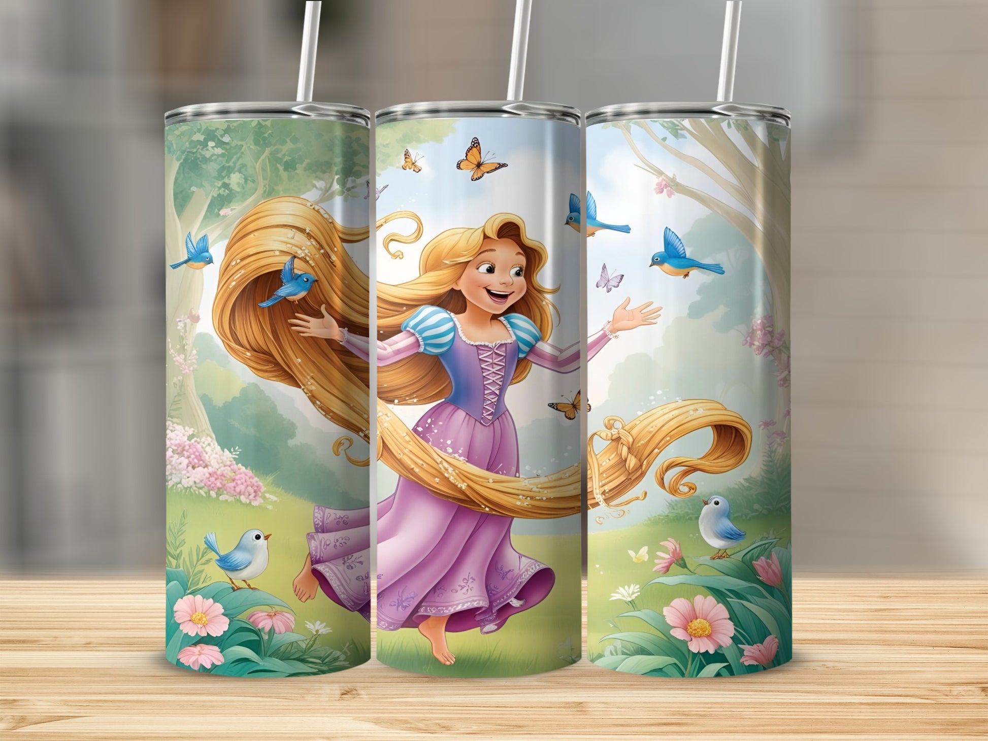 Rapunzel in a purple dress with flowing blonde hair, surrounded by birds and butterflies.