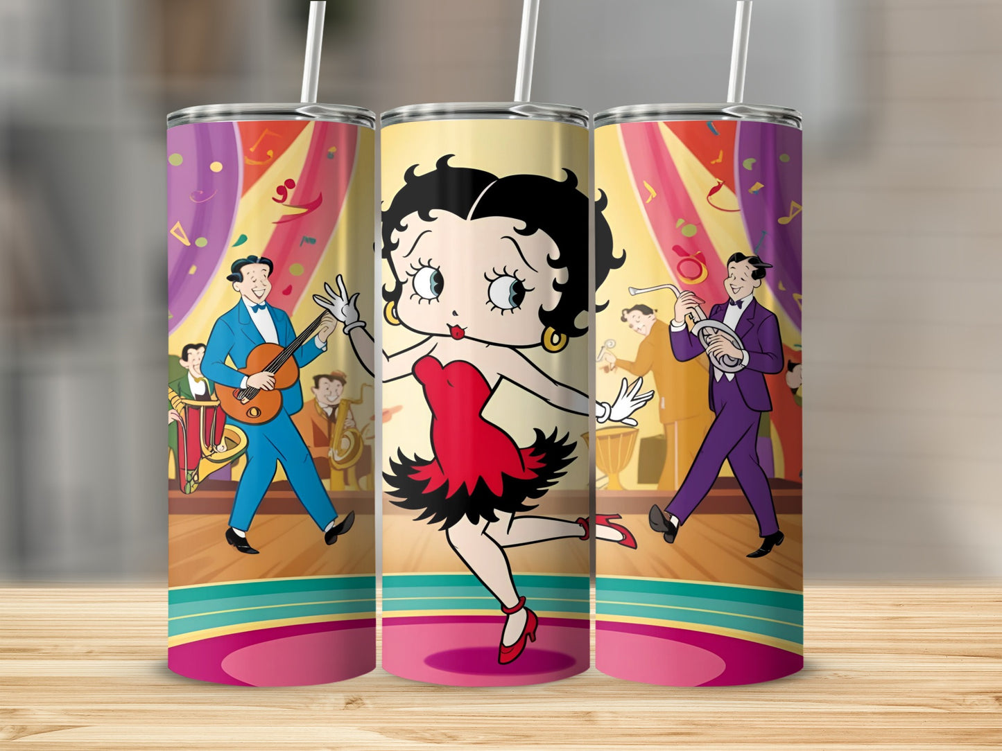 Betty Boop in a red dress dancing, with musicians in the background.