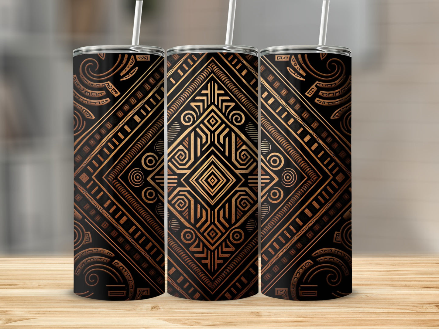 Geometric Tribal Patterned Black and Gold Tumbler