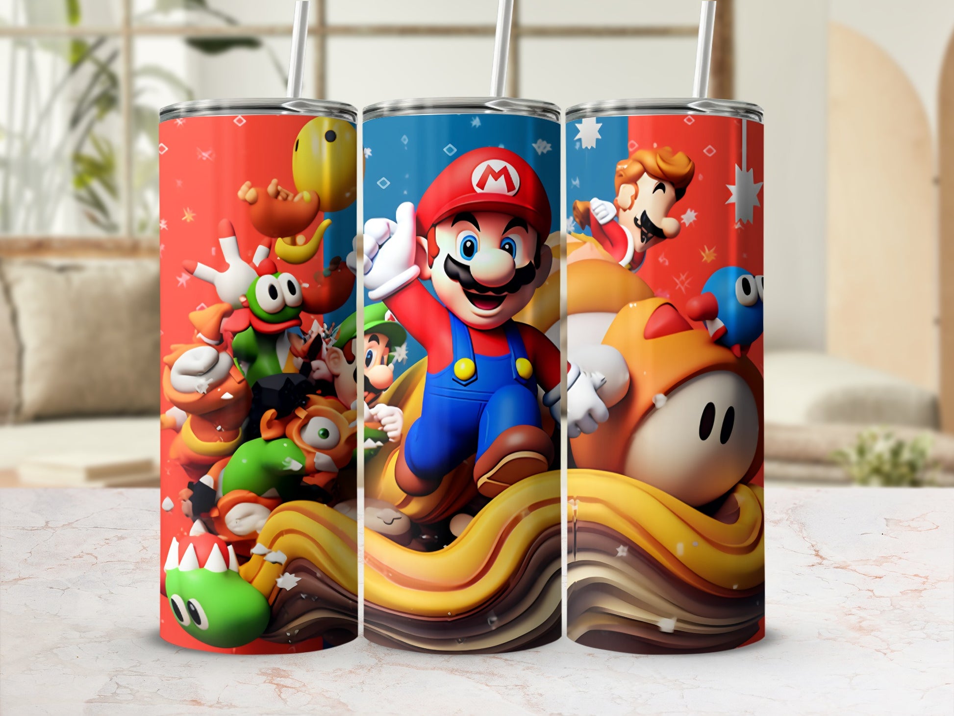 Colorful Super Mario Characters Tumbler Cup Design