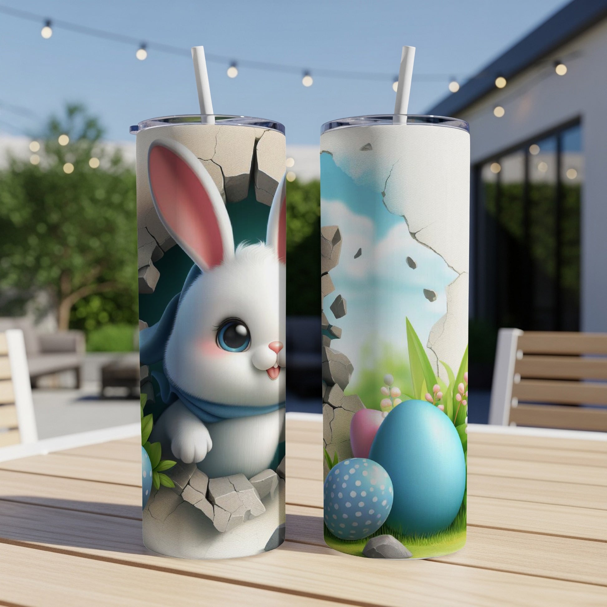 White Easter bunny with blue scarf peeking through cracked wall near Easter eggs.