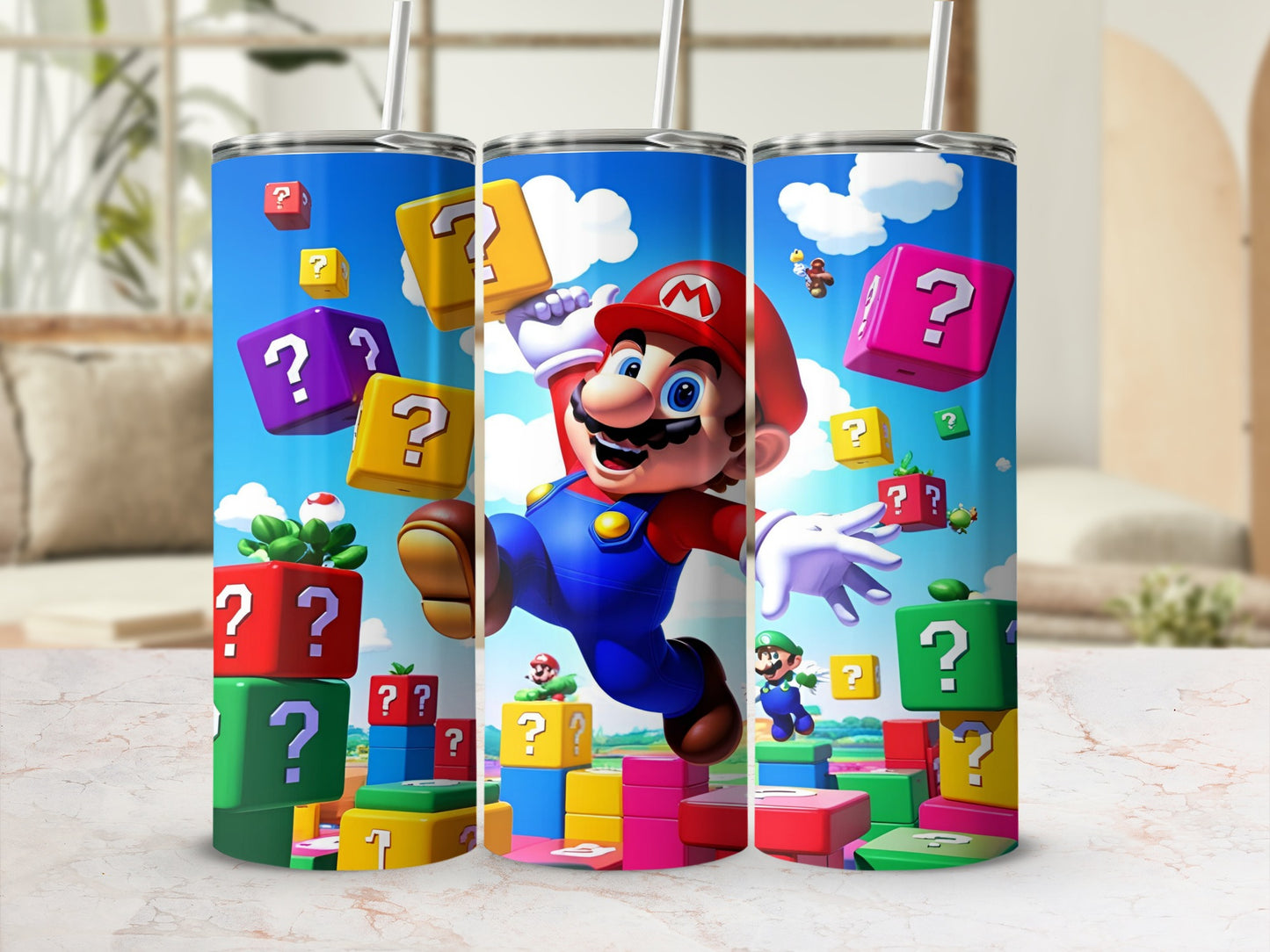 Super Mario running through question blocks and colorful blocks on a tumbler.