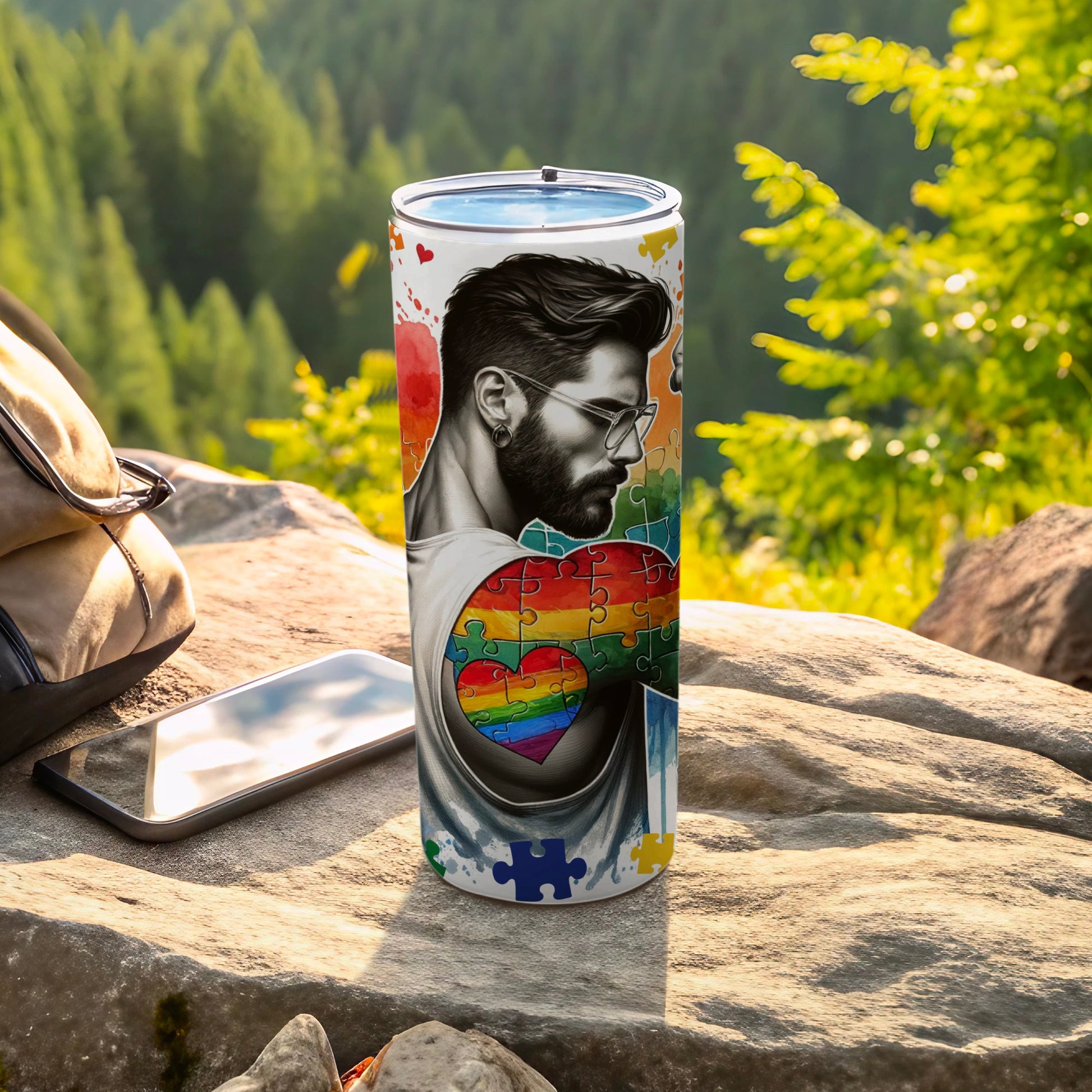 Pride tumbler with colorful puzzle heart on man's chest, outdoors.