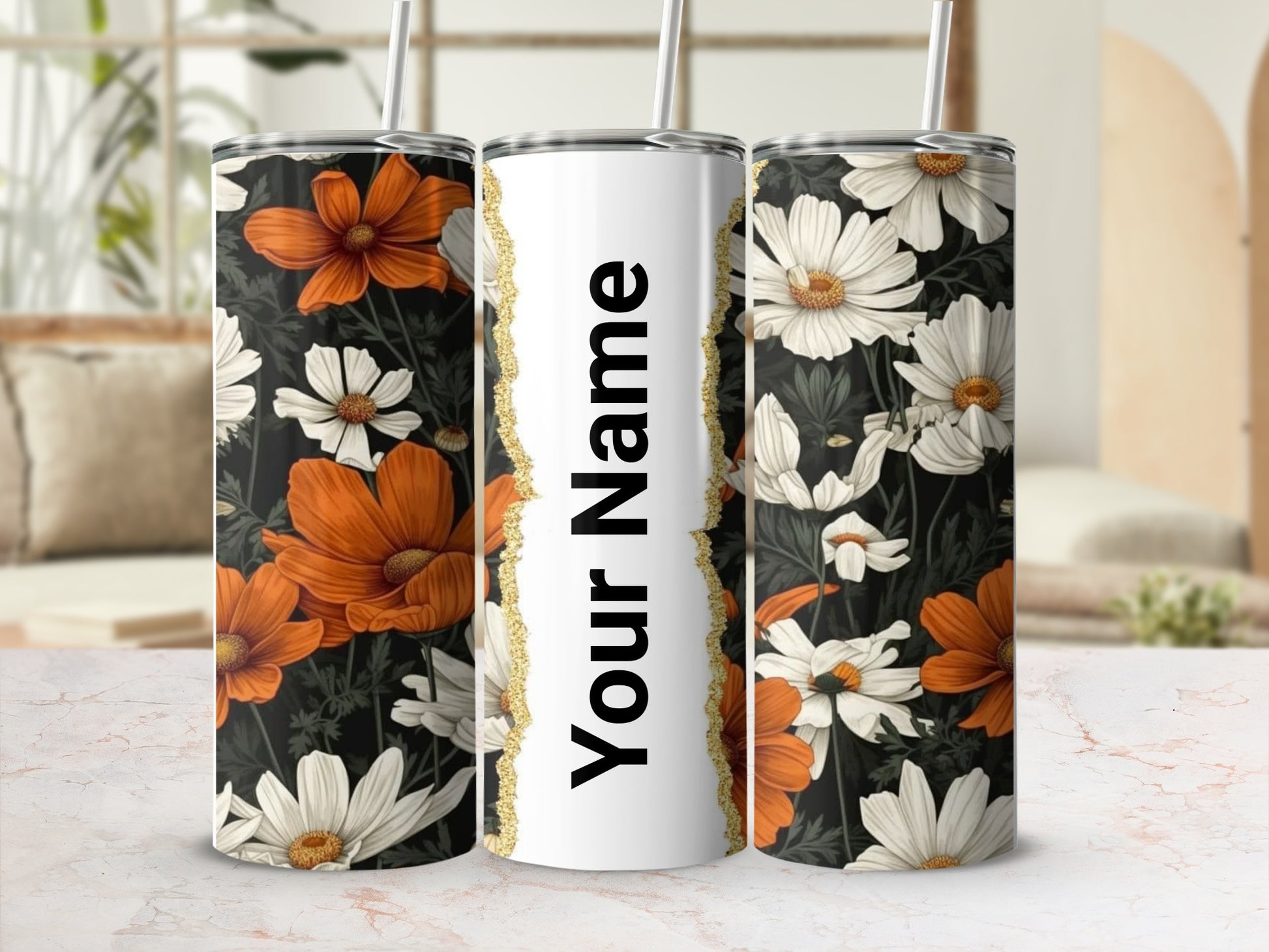 Custom Floral Insulated Tumbler with Straw Flask