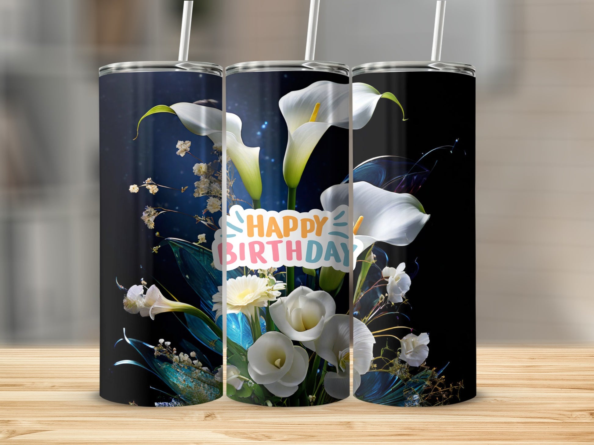Floral tumbler with "Happy Birthday" text and white calla lilies.