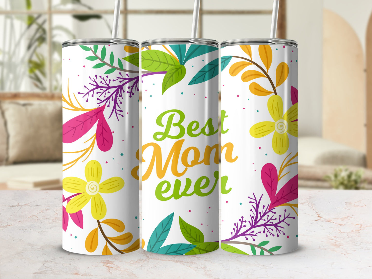 Colorful Floral Best Mom Ever Tumbler with Lid
