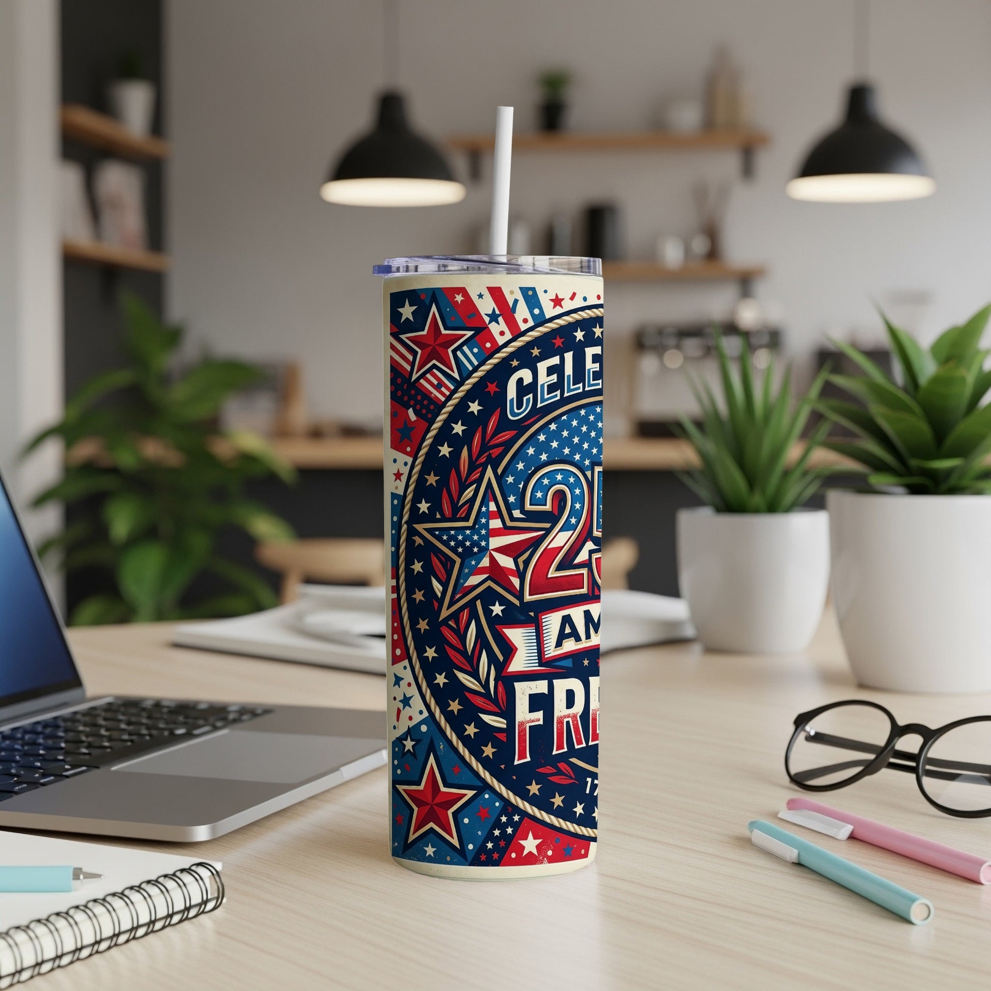 Red, white, and blue patriotic tumbler with stars and "Celebrate 2A Freedom".