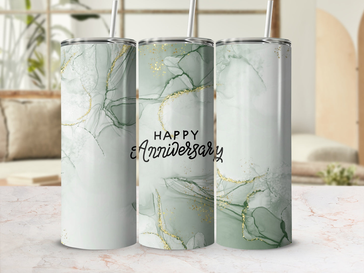 White and green marble tumbler with gold glitter and "Happy Anniversary" text.