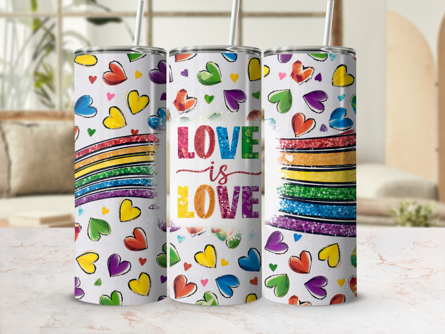 Pride tumbler with rainbow hearts and "Love is Love" text.