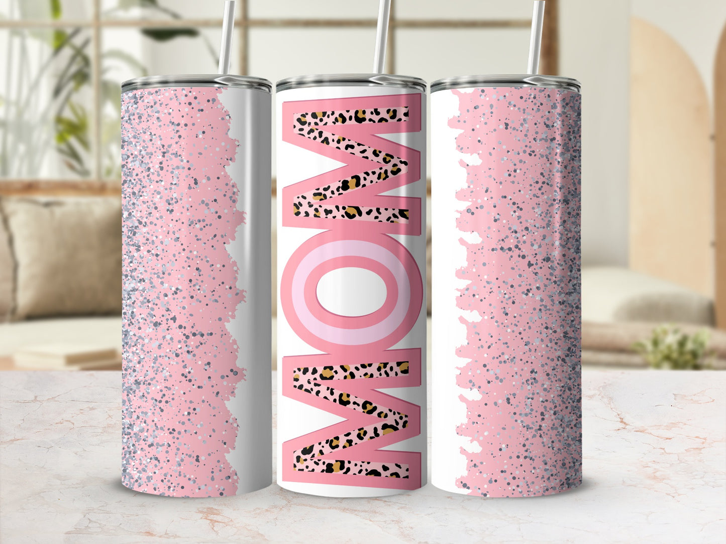 Pink Glitter Leopard MOM Design Tumbler with Straw