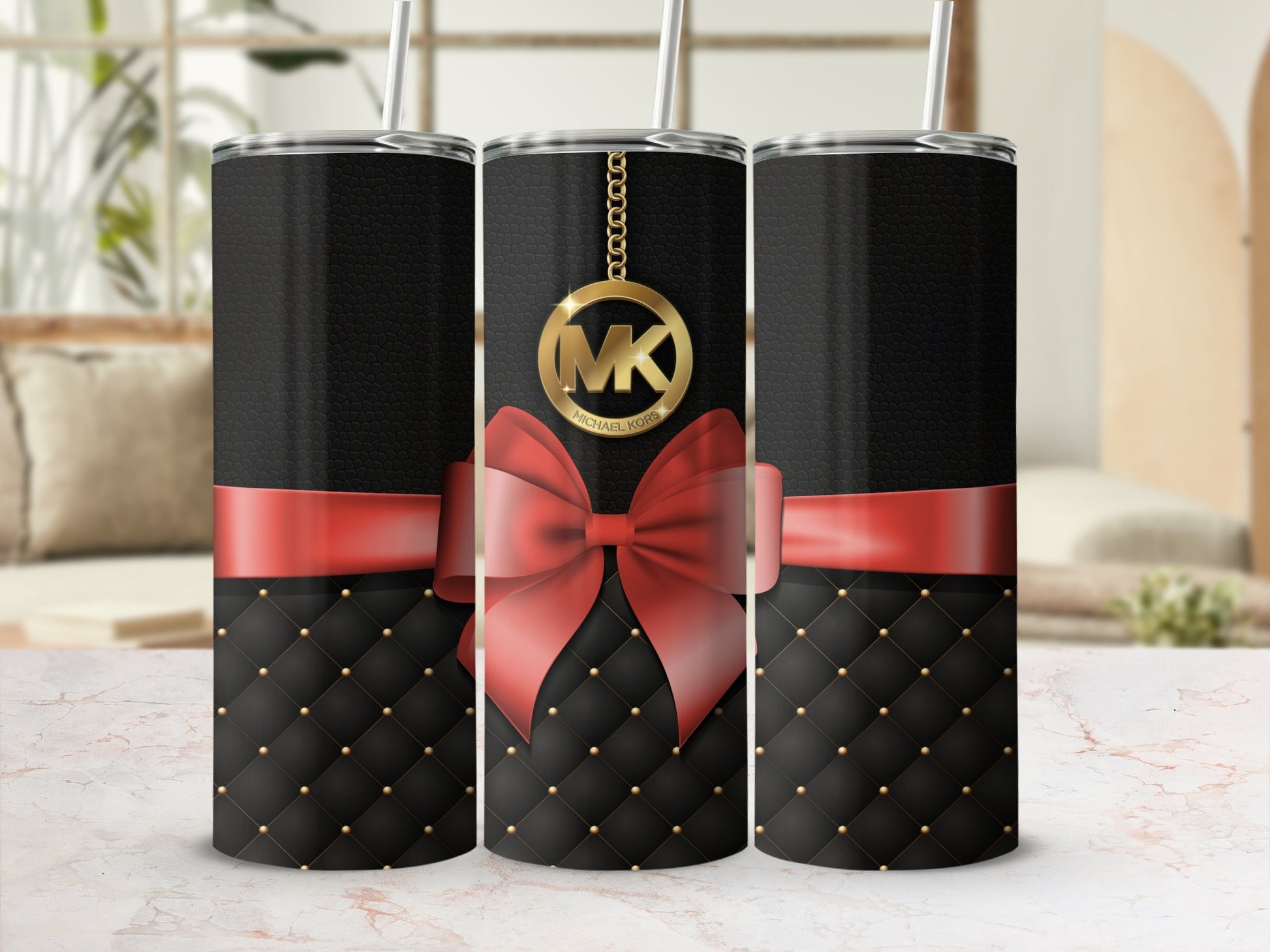 Elegant Black and Red Quilted Tumbler with Bow Design