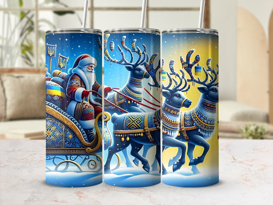 Festive Reindeer and Santa Sleigh Holiday Tumbler