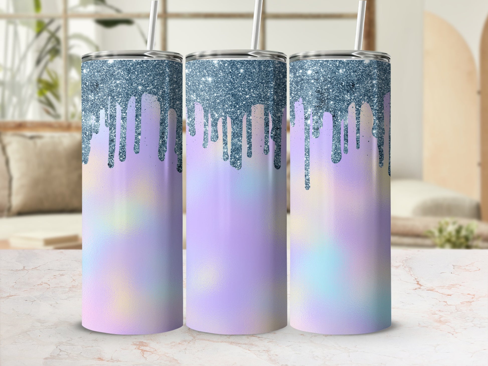 Three tumblers with glitter drip design and pastel gradient background.