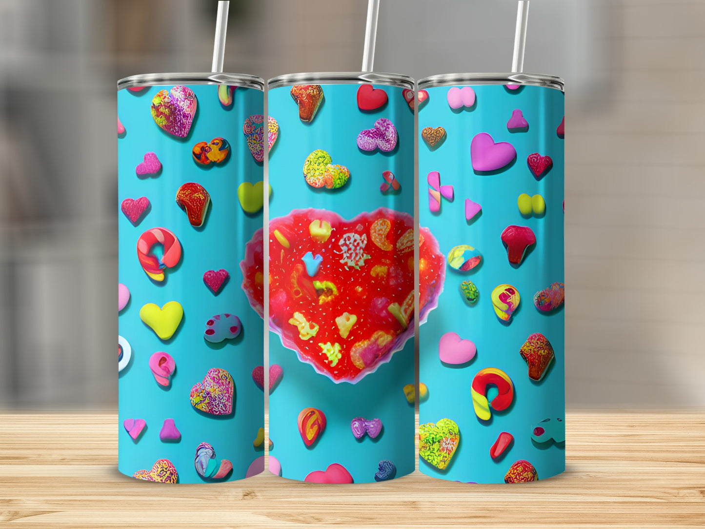 Turquoise tumbler with colorful heart candies and a large glitter heart design.