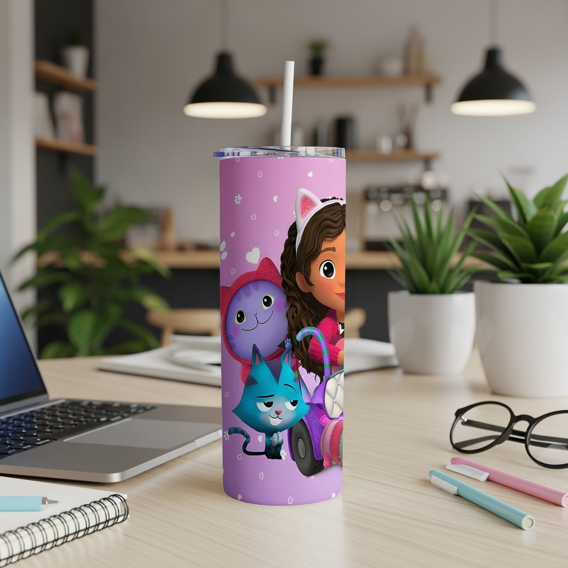 Gabby's Dollhouse characters on a pink, cat-ear lid tumbler with a straw.