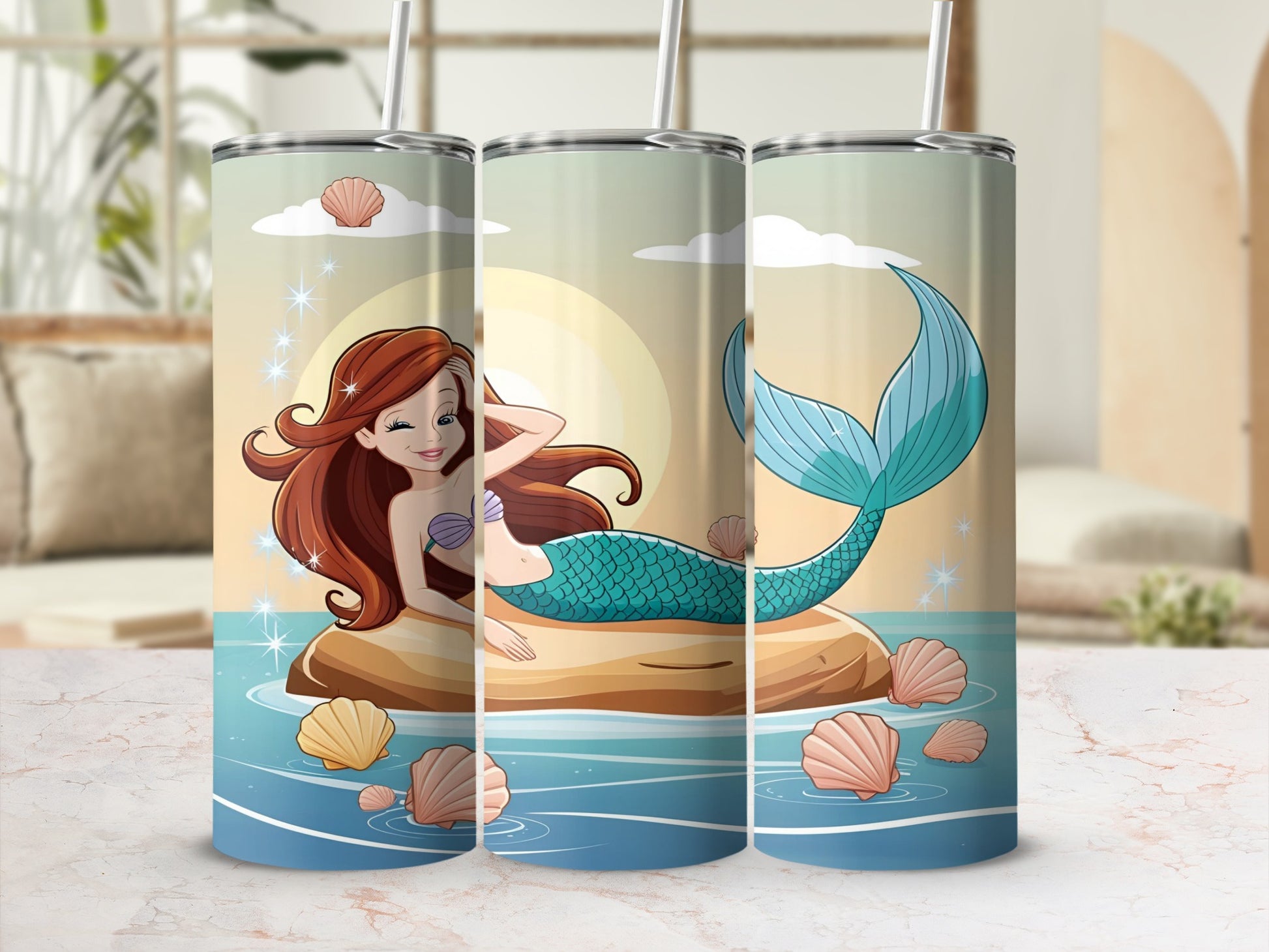 Mermaid on a rock in the ocean, surrounded by seashells, with sunlight and clouds.