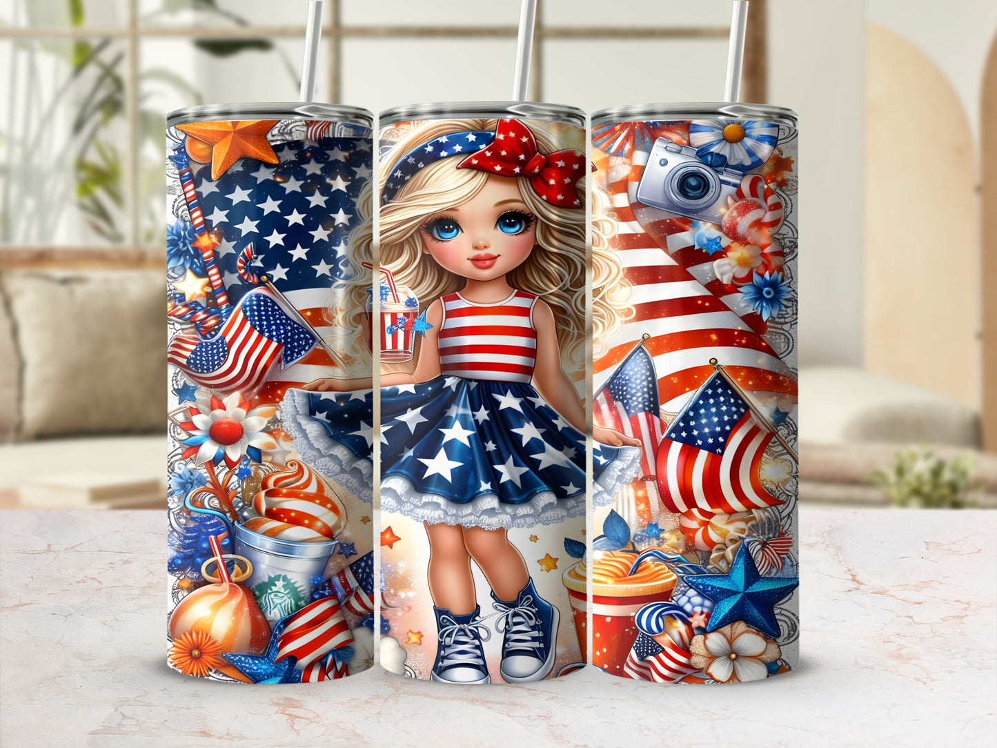 Girl in patriotic dress with stars, stripes, and American flags.