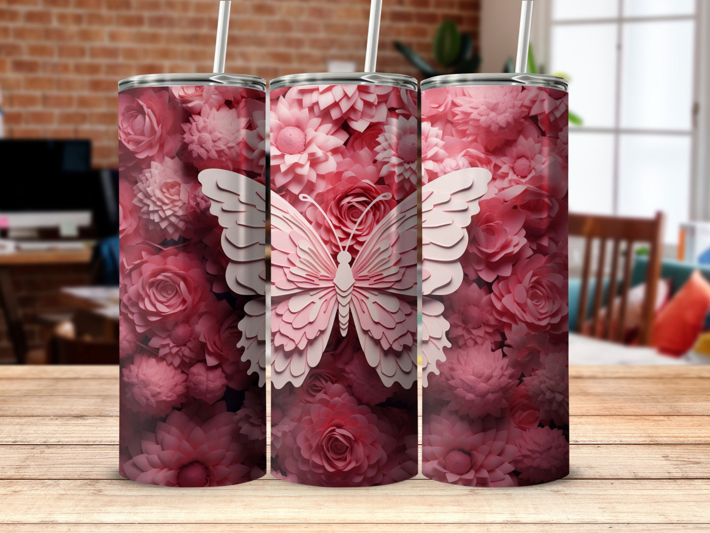 Pink papercut flowers butterfly design tumbler product type