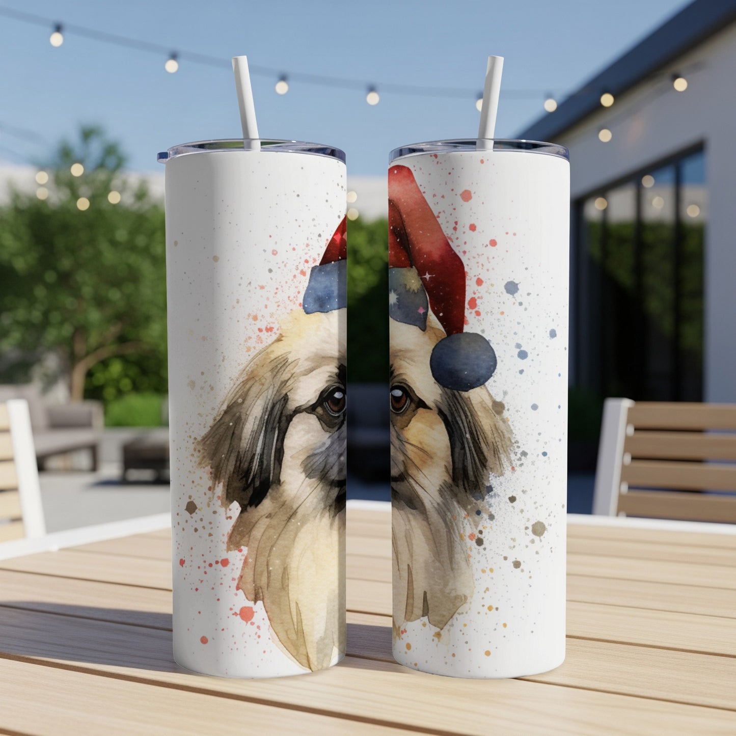 Two tumblers with watercolor Shih Tzu wearing a Santa hat.