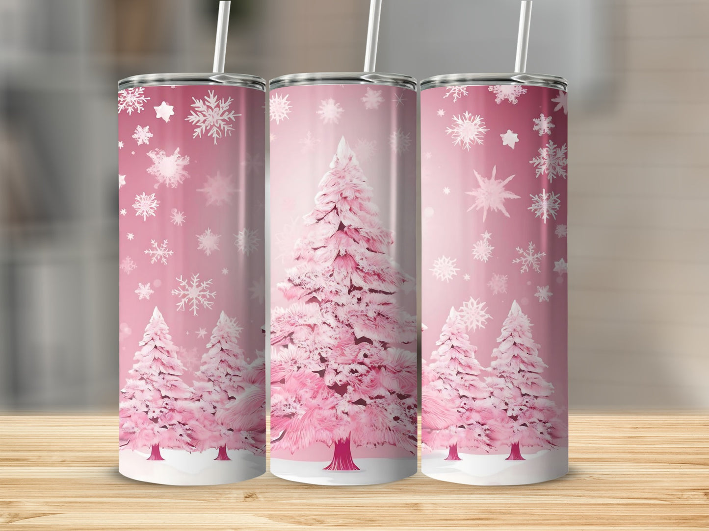 Pink Christmas Tree and Snowflakes Tumbler