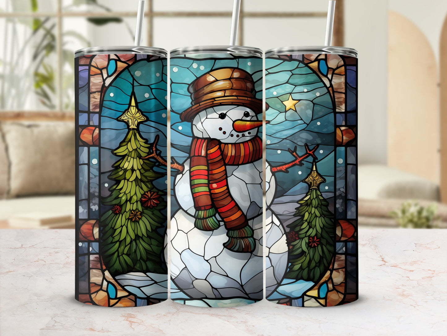 Snowman in stained glass pattern with Christmas trees and stars.
