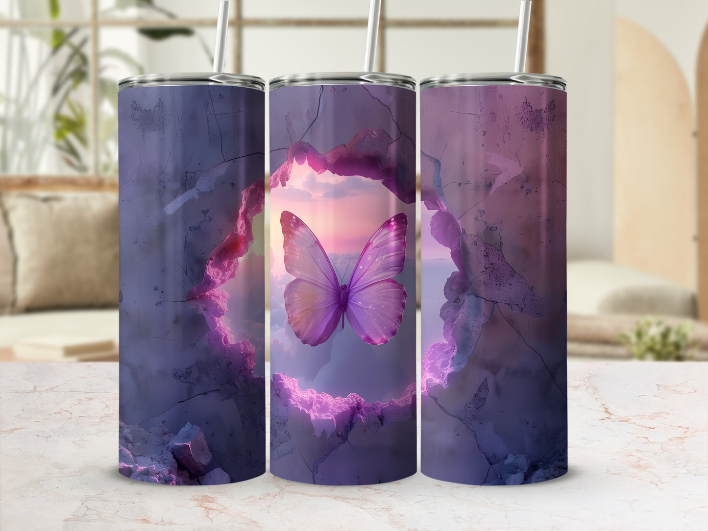 Purple butterfly in abstract cloudy portal on textured tumbler.