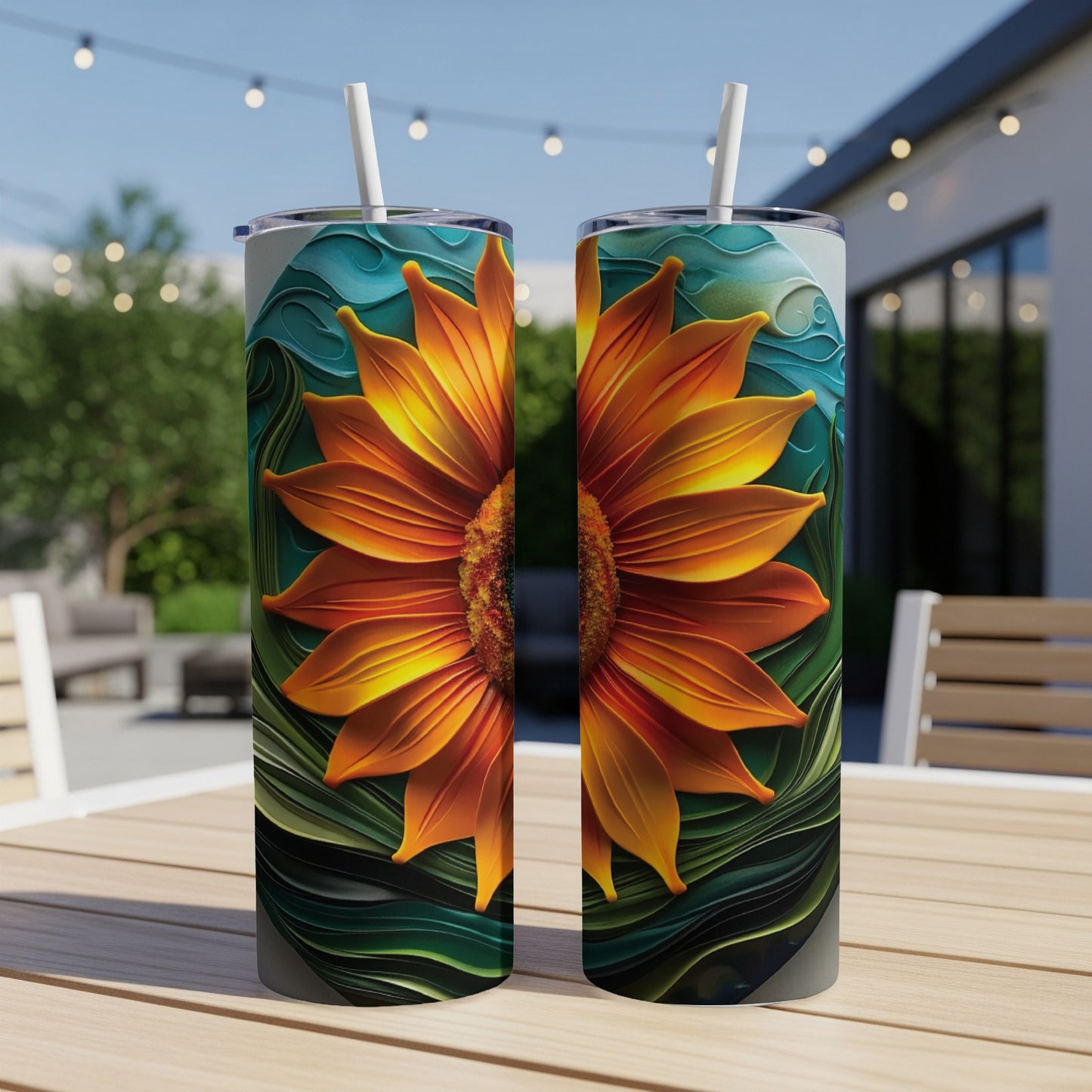 Two tumblers with a vibrant orange sunflower design on a wooden table outdoors.