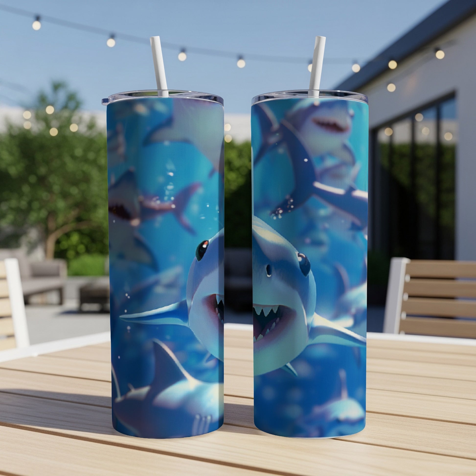 Two tumblers featuring cartoon sharks with open mouths and straws.