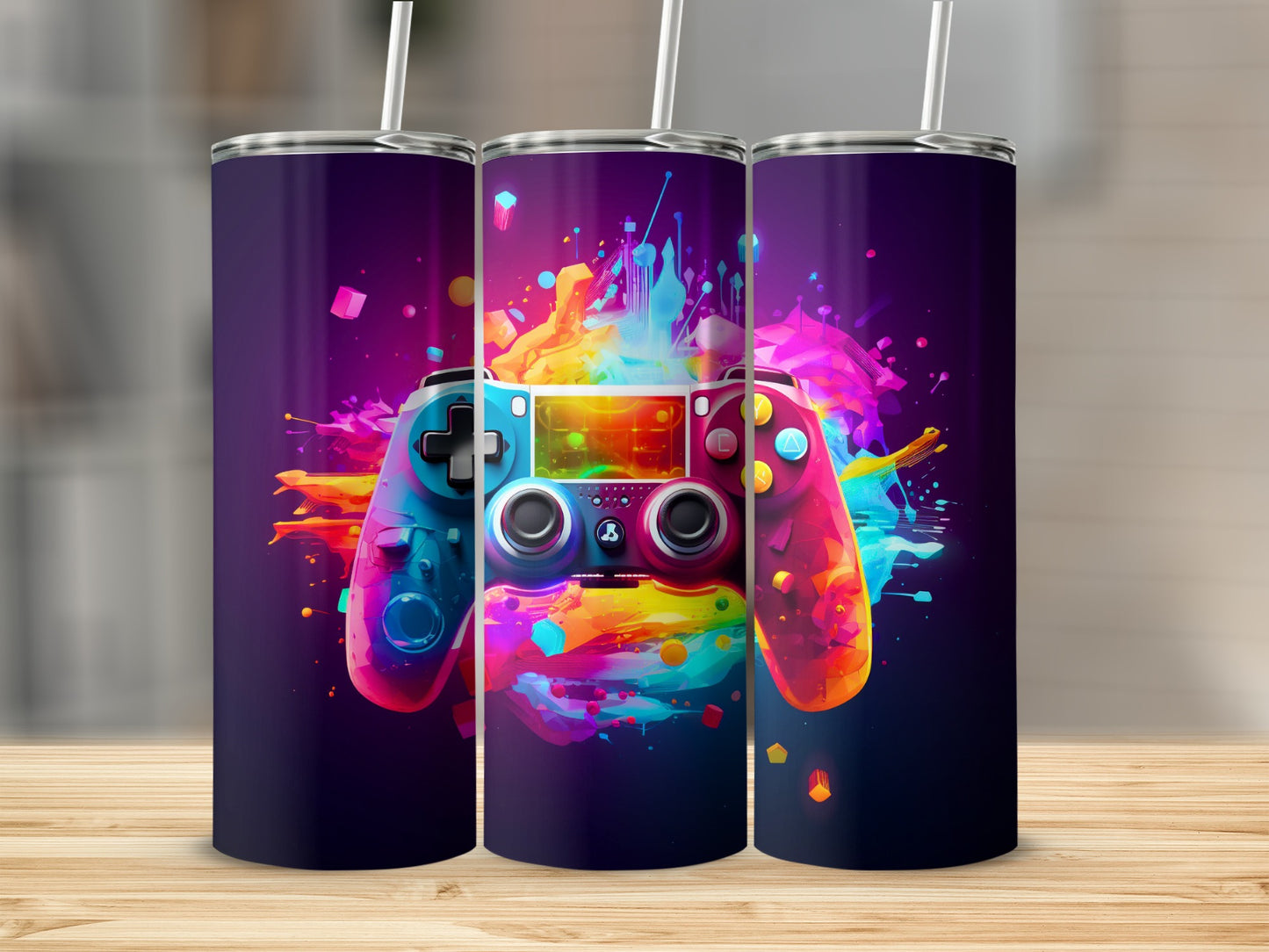Vibrant Neon Gaming Controller Art on Drink Tumbler