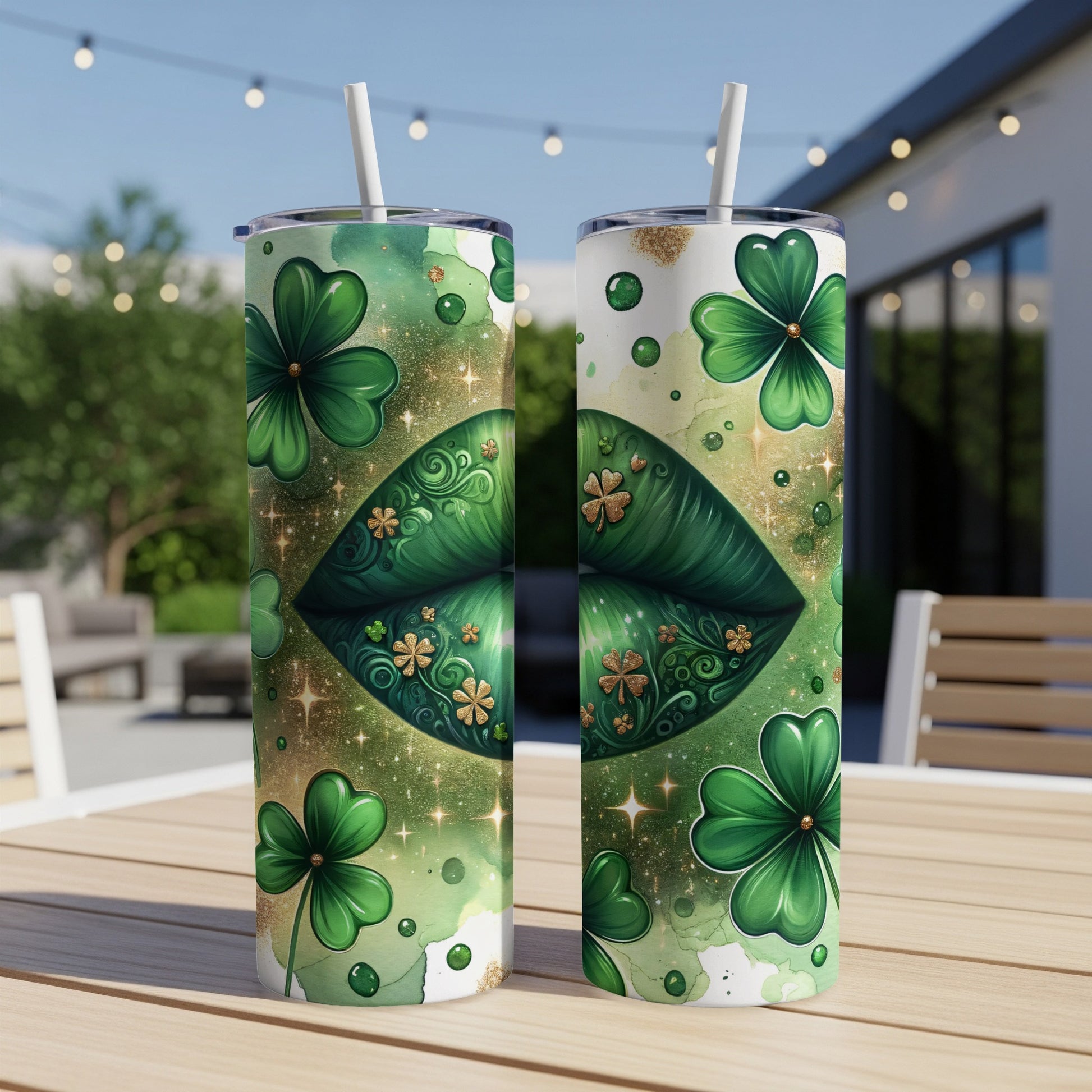 St. Patrick's Day themed tumbler with shamrocks and gold glitter.