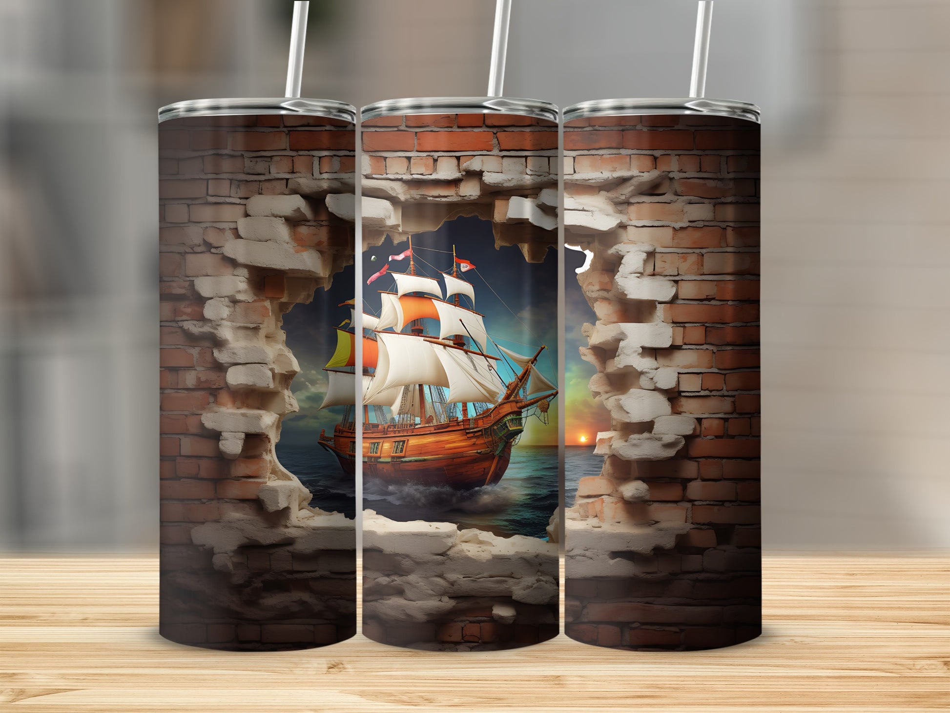 Pirate Ship and Brick Wall Design Tumbler Product