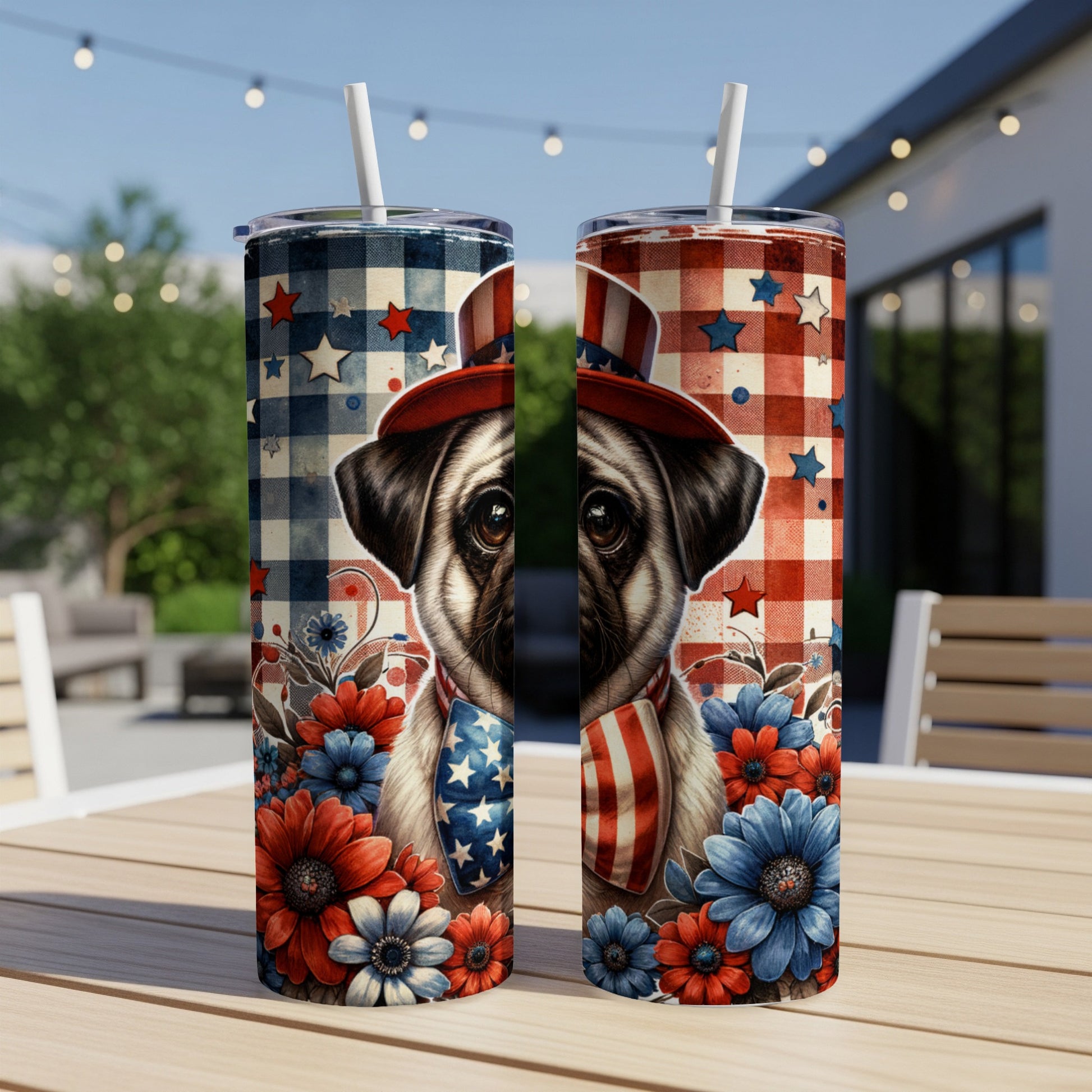 Pug in patriotic hat and tie surrounded by red and blue flowers.