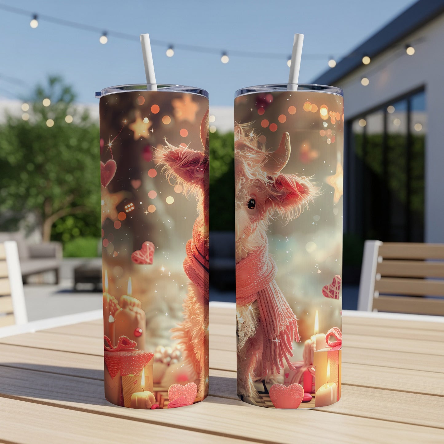 Pink fluffy llama wearing a scarf on a Christmas-themed tumbler.