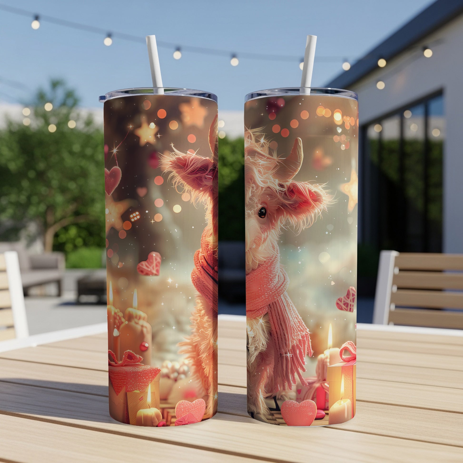 Pink fluffy llama wearing a scarf on a Christmas-themed tumbler.