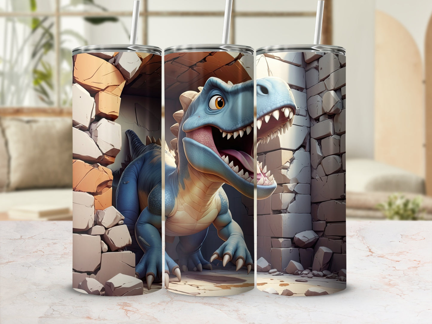 Blue cartoon dinosaur emerges from a cracked stone wall.