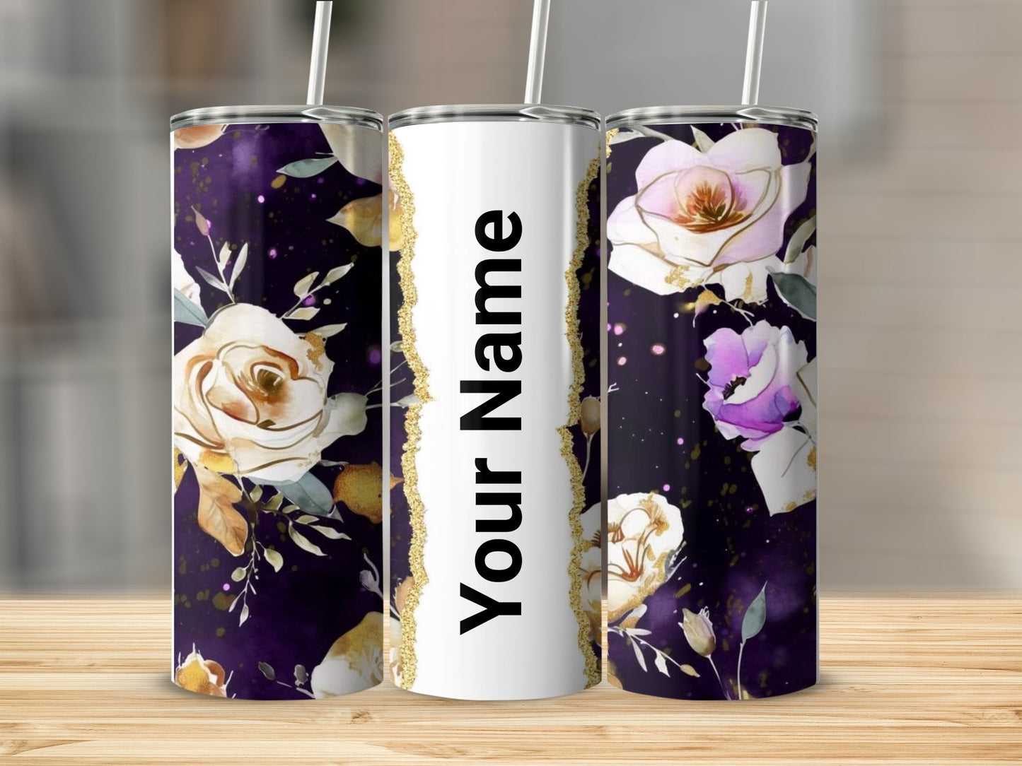 Customizable Floral Tumbler Purple and White Design