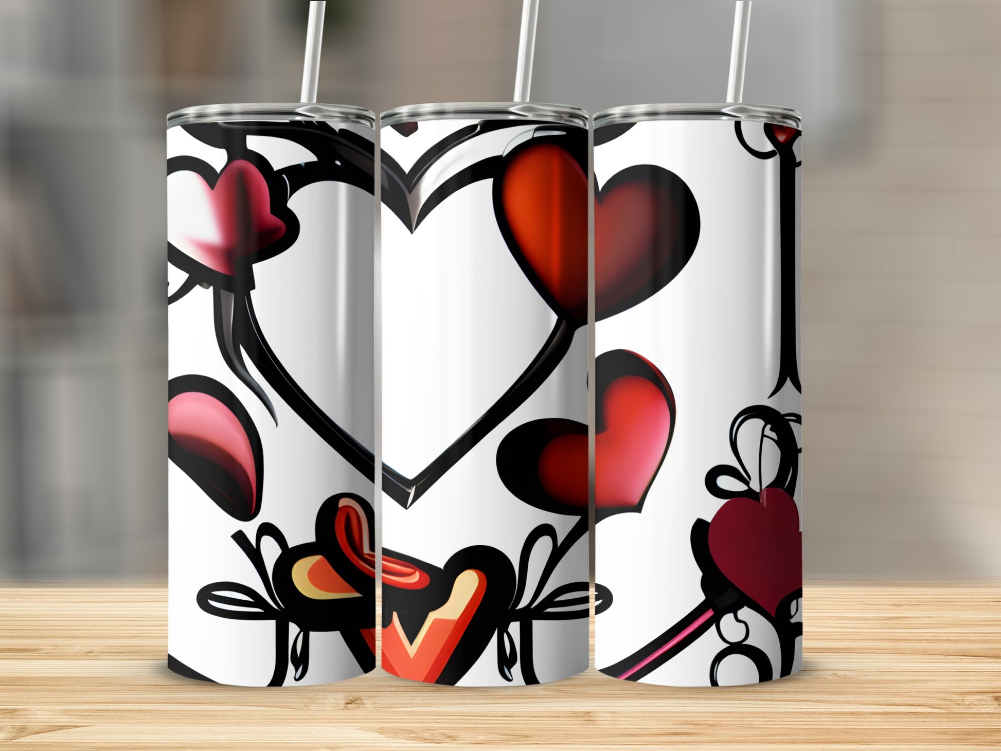 Three white tumblers with a repeating heart pattern and red accents.