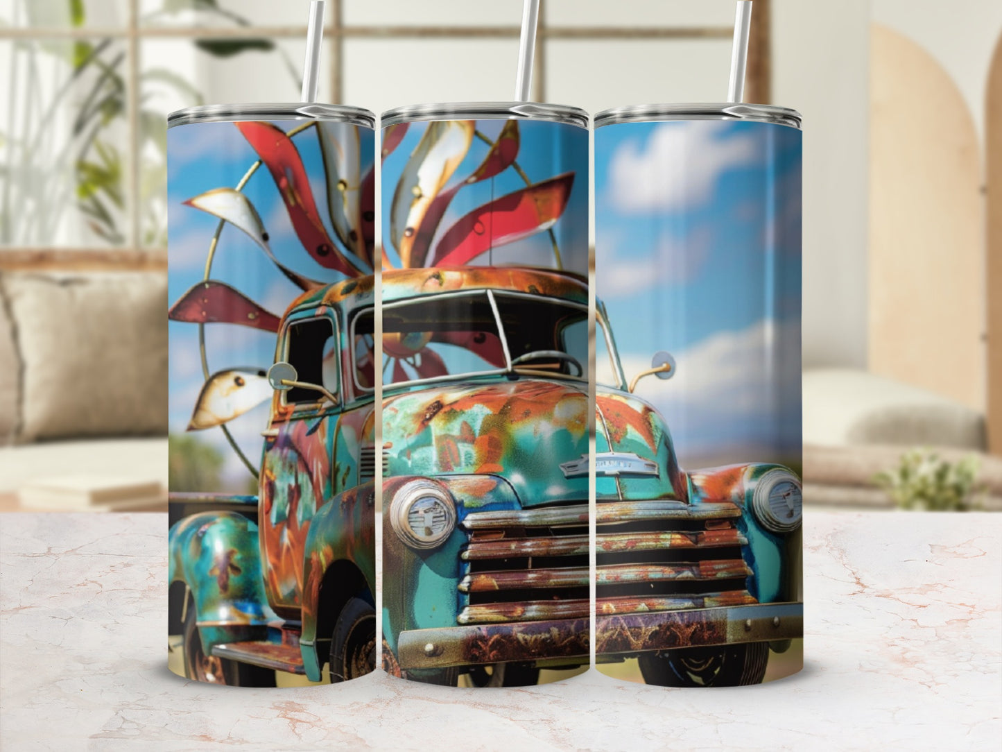 Rusty vintage truck with colorful windmill, standing on a table.