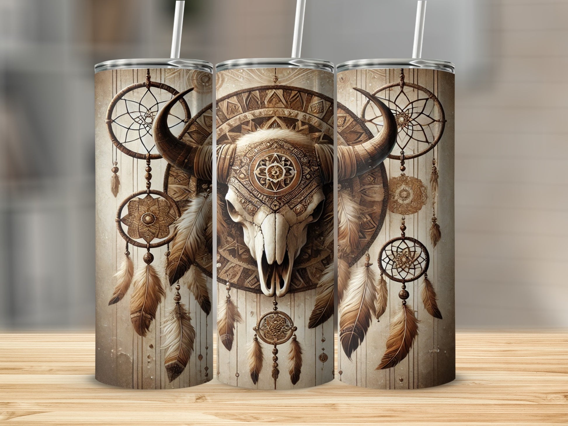 Dreamcatcher and Bull Skull Artistic Tumbler Design