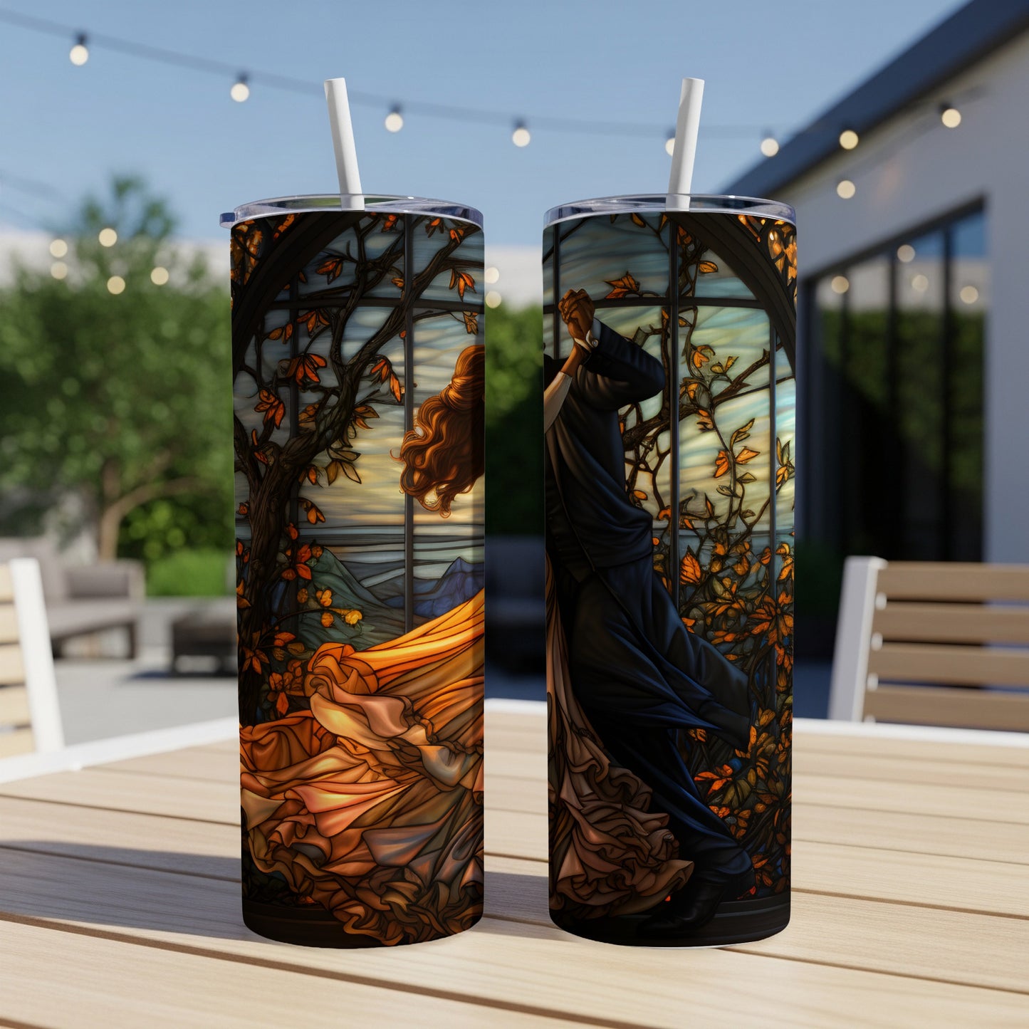 Couple dancing by a window with autumn leaves, illustrated on a tumbler.