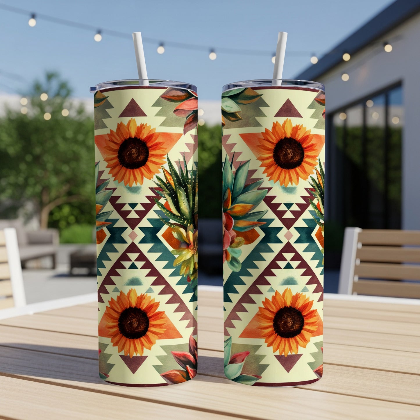 Two tumblers with sunflowers and geometric southwestern patterns.