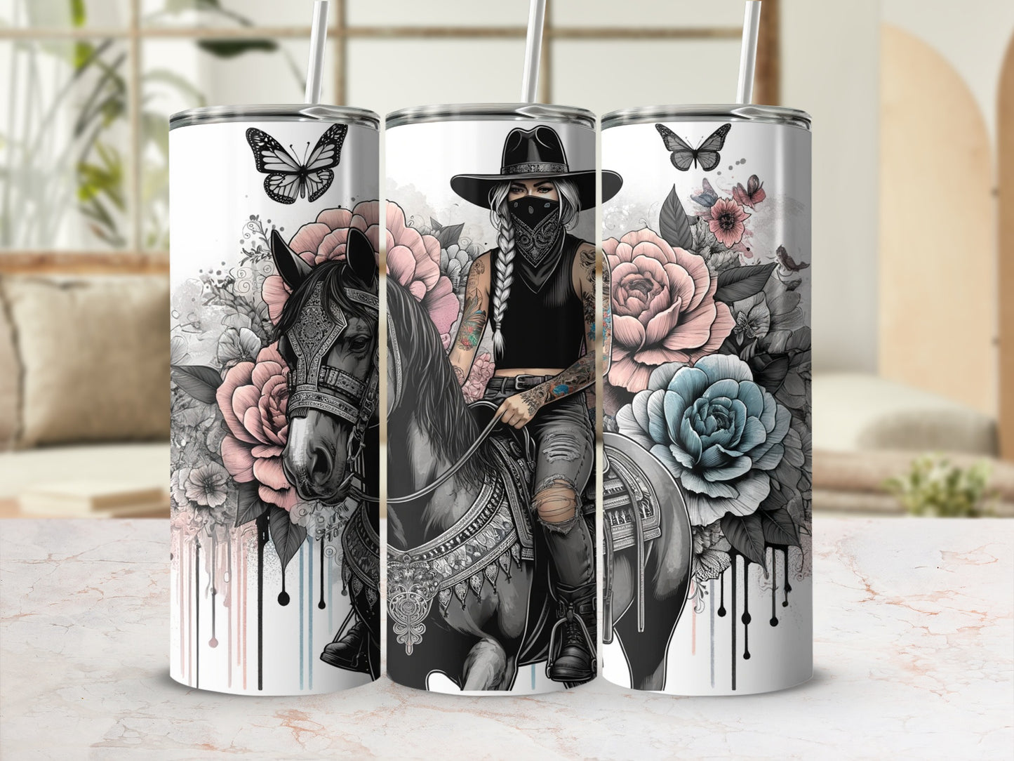 Tattooed woman in cowboy hat rides horse, surrounded by colorful flowers and butterflies.
