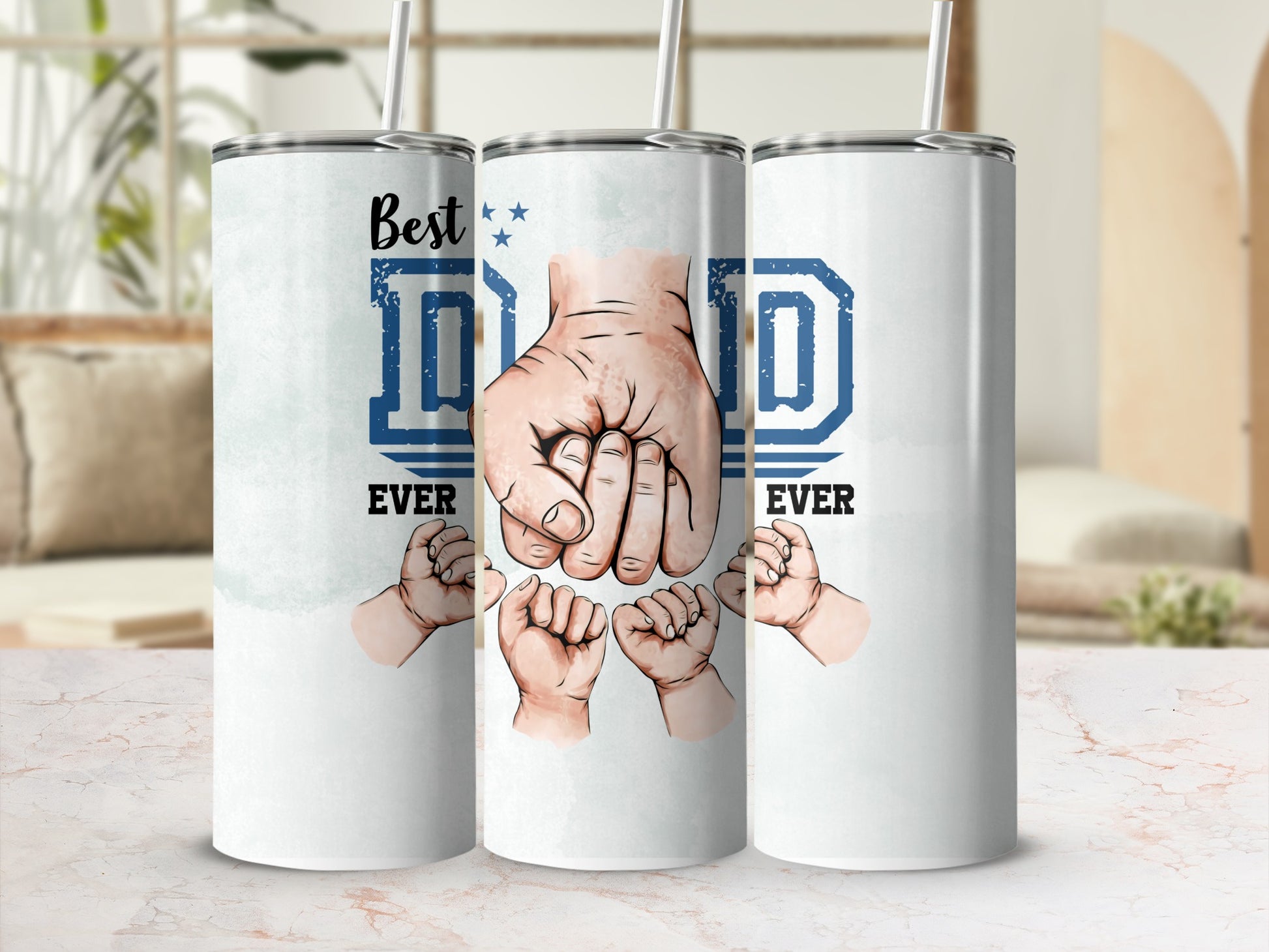Tumblers with "Best Dad Ever" text, a father's fist, and baby fists.