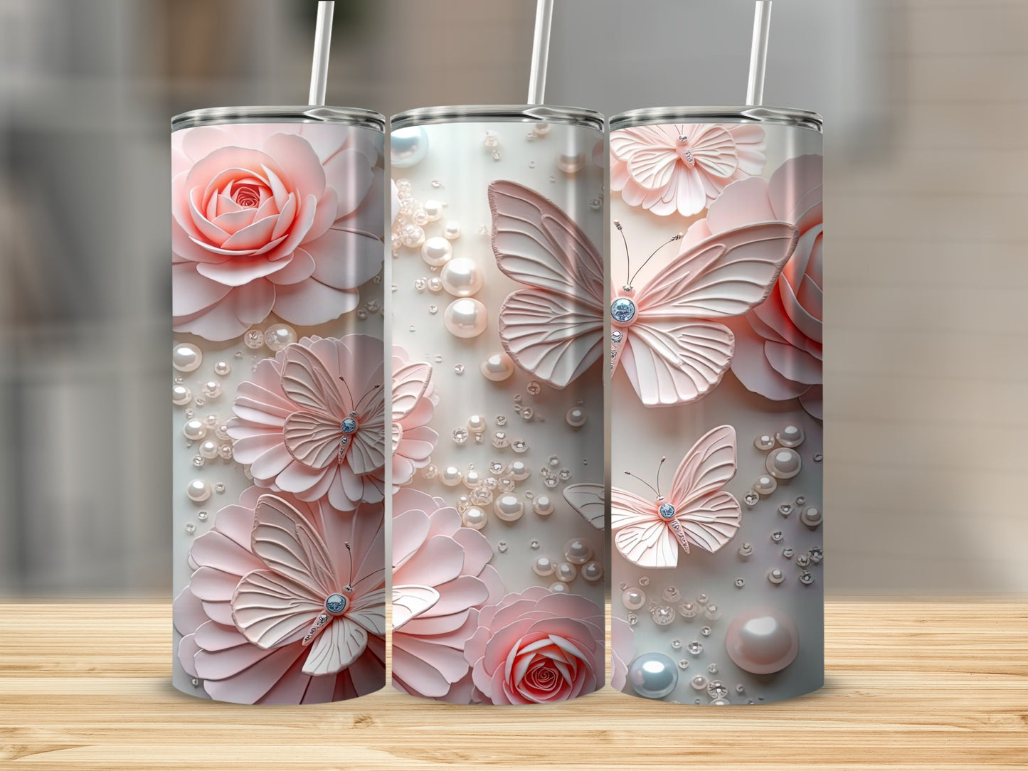 Pink Roses Butterflies Pearls 3D Design Tumbler product type