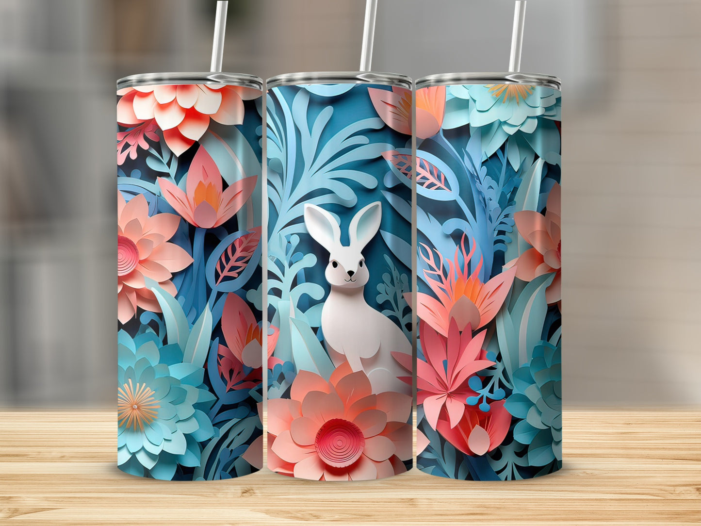 Colorful Floral Tumblers with Rabbit Design