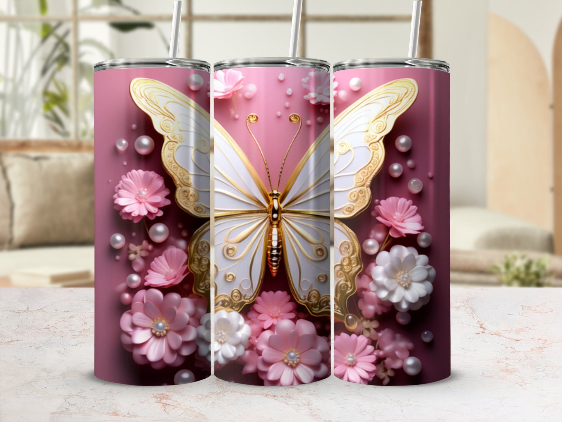 Pink tumbler with white butterfly and floral details.