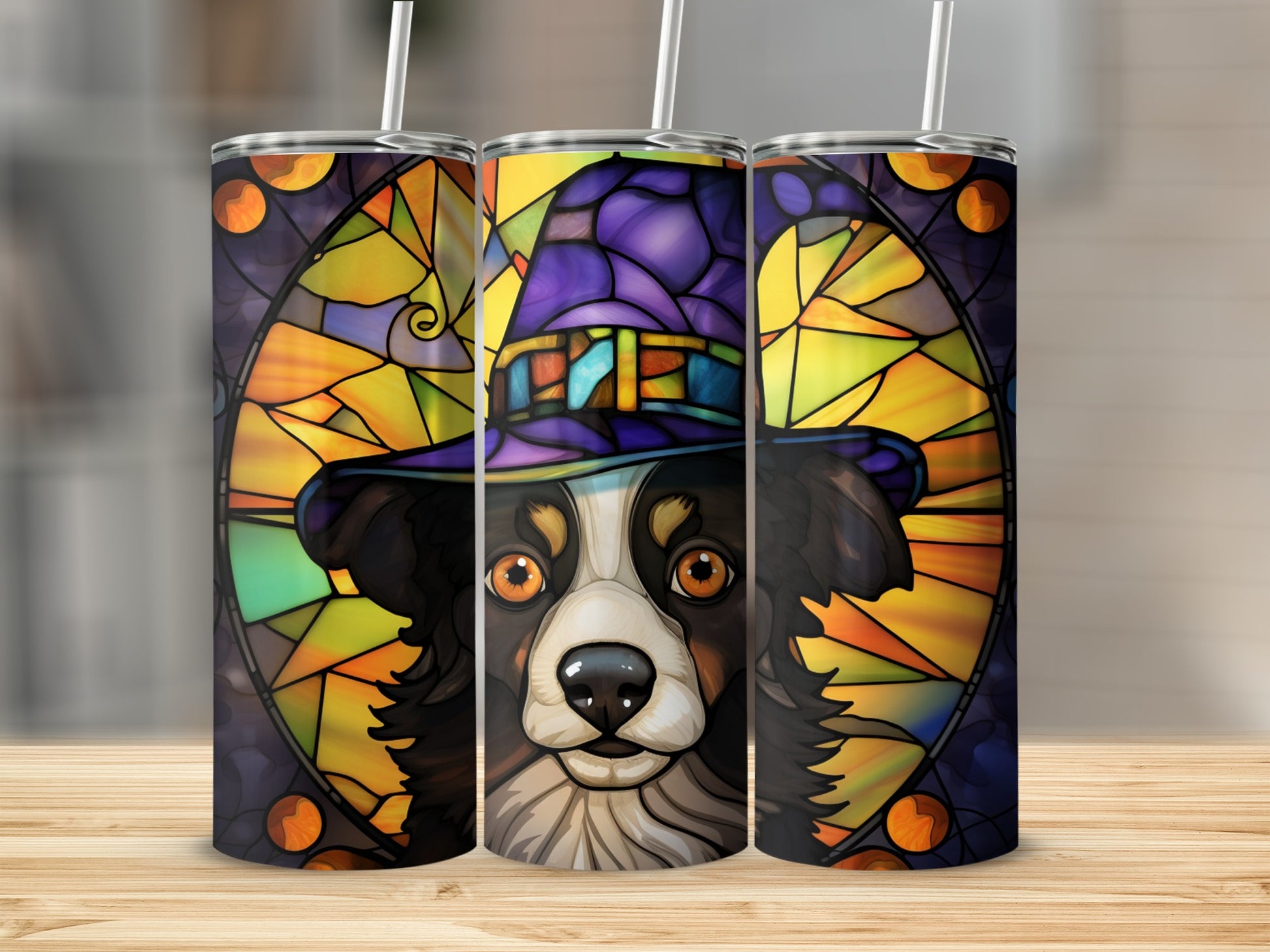 Black and white dog wearing a witch hat, in stained glass style.