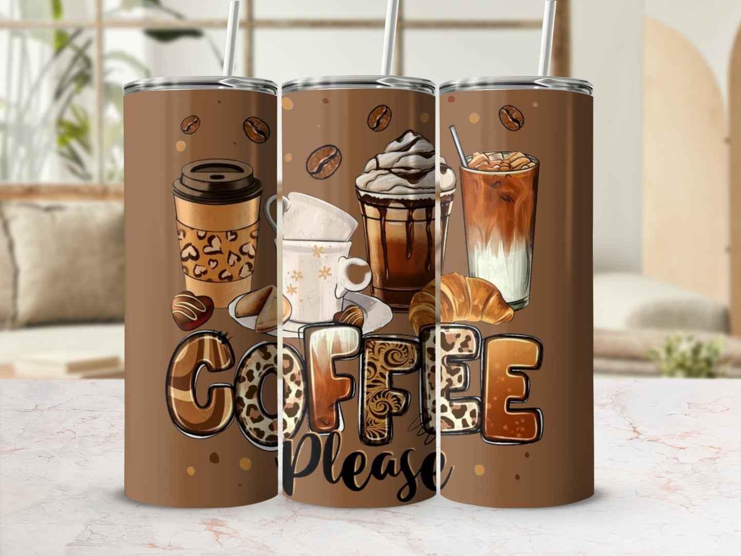 Coffee Please Brown Tumbler with Cute Illustrations